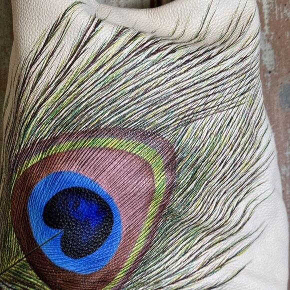 Elliott Lucca Large Cream Leather Handbag Hand Painted Peacock Feather S… - Picture 7 of 16